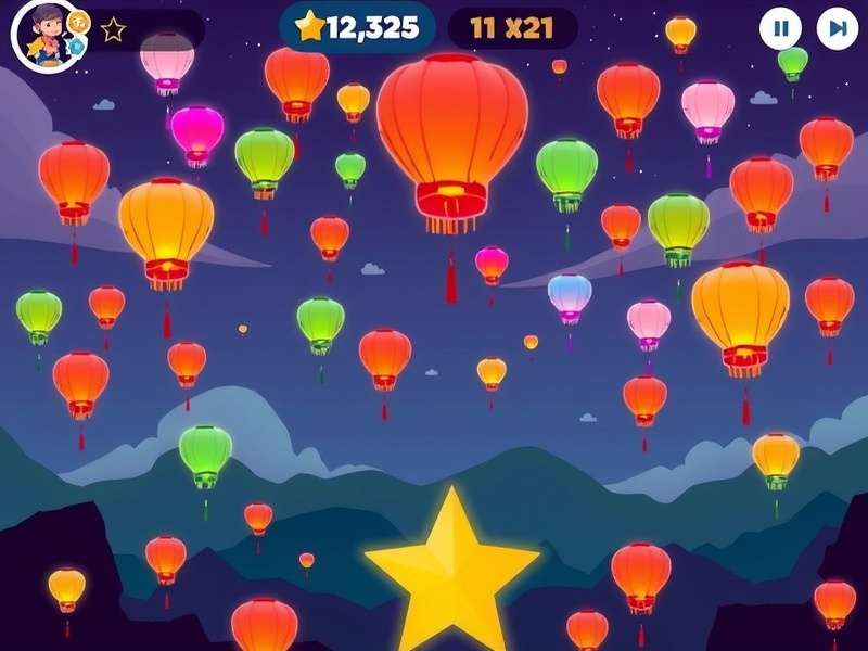 Lantern Launch Leader gameplay screenshot showing colorful lanterns in the sky